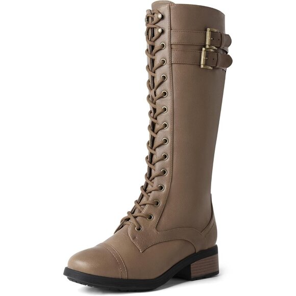 Women's Polyurethane Pu Georgia-Khaki Double buckle Knee High Riding Combat Boot - Picture 1 of 9